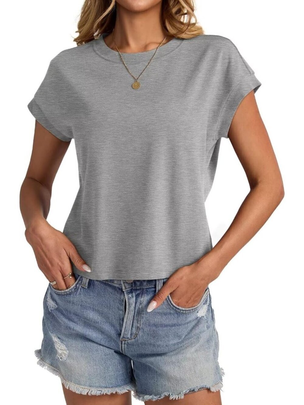 〽️Women Deep Grey Cap Sleeve Crewneck Loose Fit Casual Summer Pull On Crop Tops